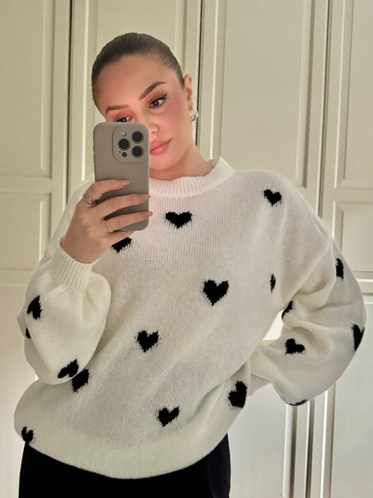 Herzchen Pullover Weiß/Schwarz