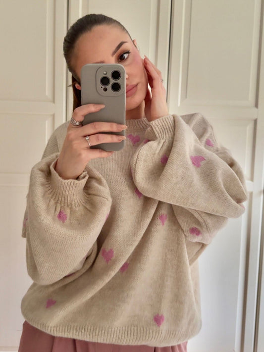 Herzchen Pullover Beige/Rosa