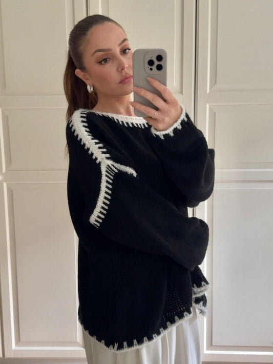 Oversized Strickpullover mit Naht Schwarz